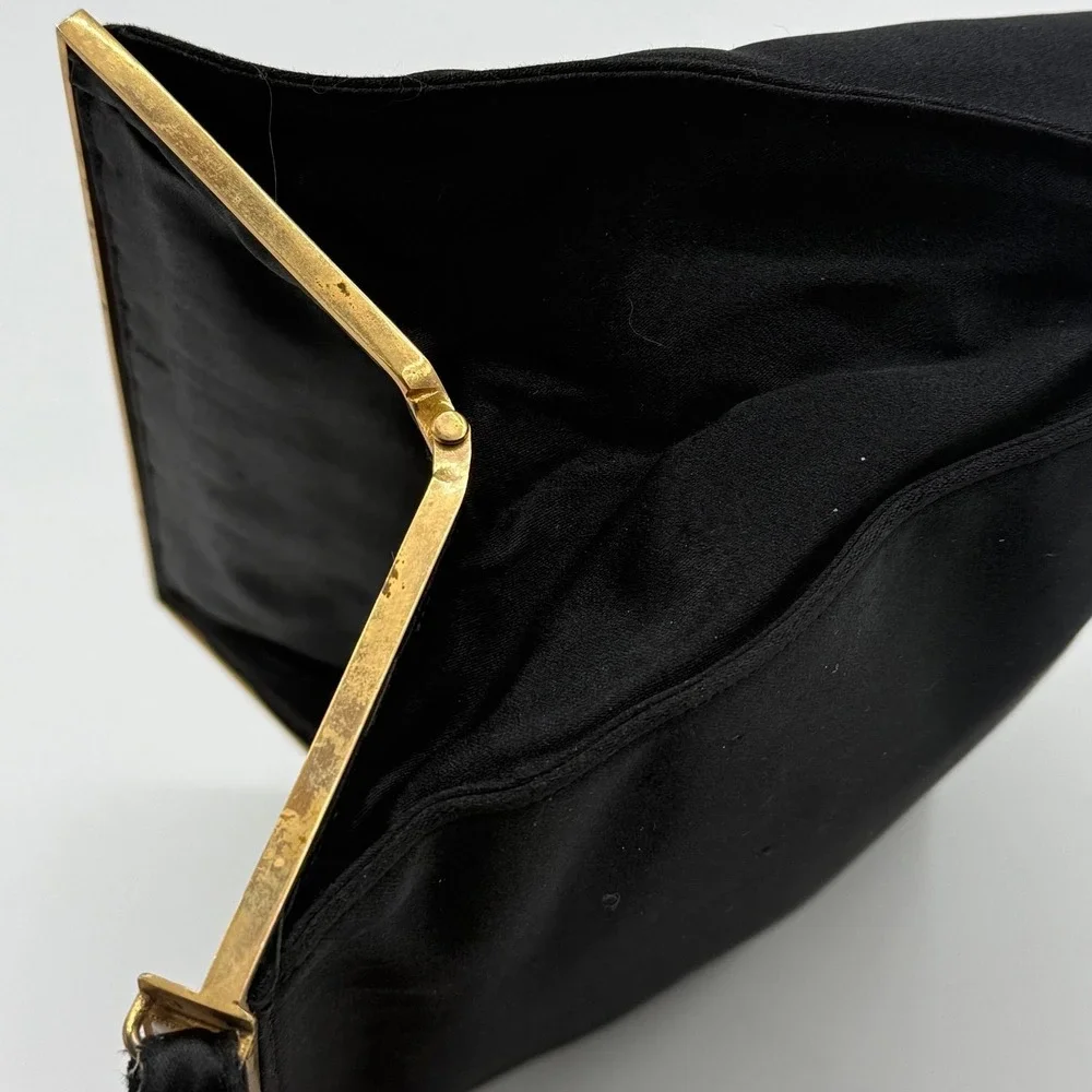 VTG Koret Black Satin Evening Bag Mother of Pearl Enamel Frame Gold Tone Clutch
